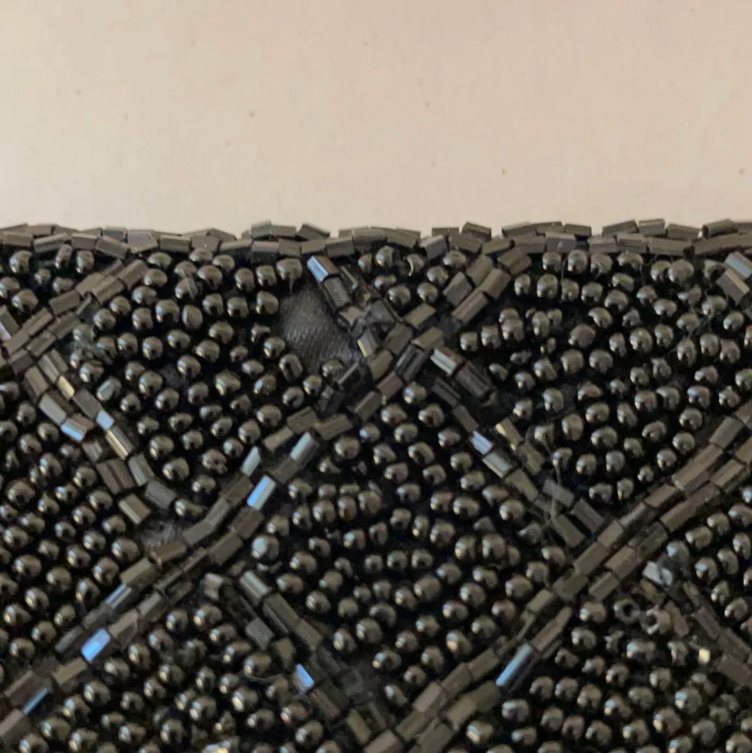 €€ LANCOME Small Black Beaded Evening Bag Purse Lined w/ Tassel Clutch Formal