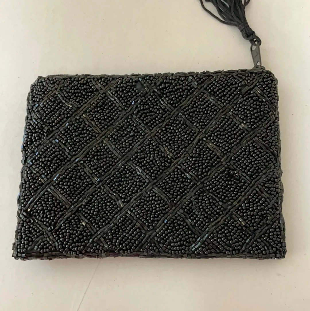 €€ LANCOME Small Black Beaded Evening Bag Purse Lined w/ Tassel Clutch Formal