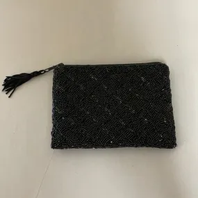 €€ LANCOME Small Black Beaded Evening Bag Purse Lined w/ Tassel Clutch Formal