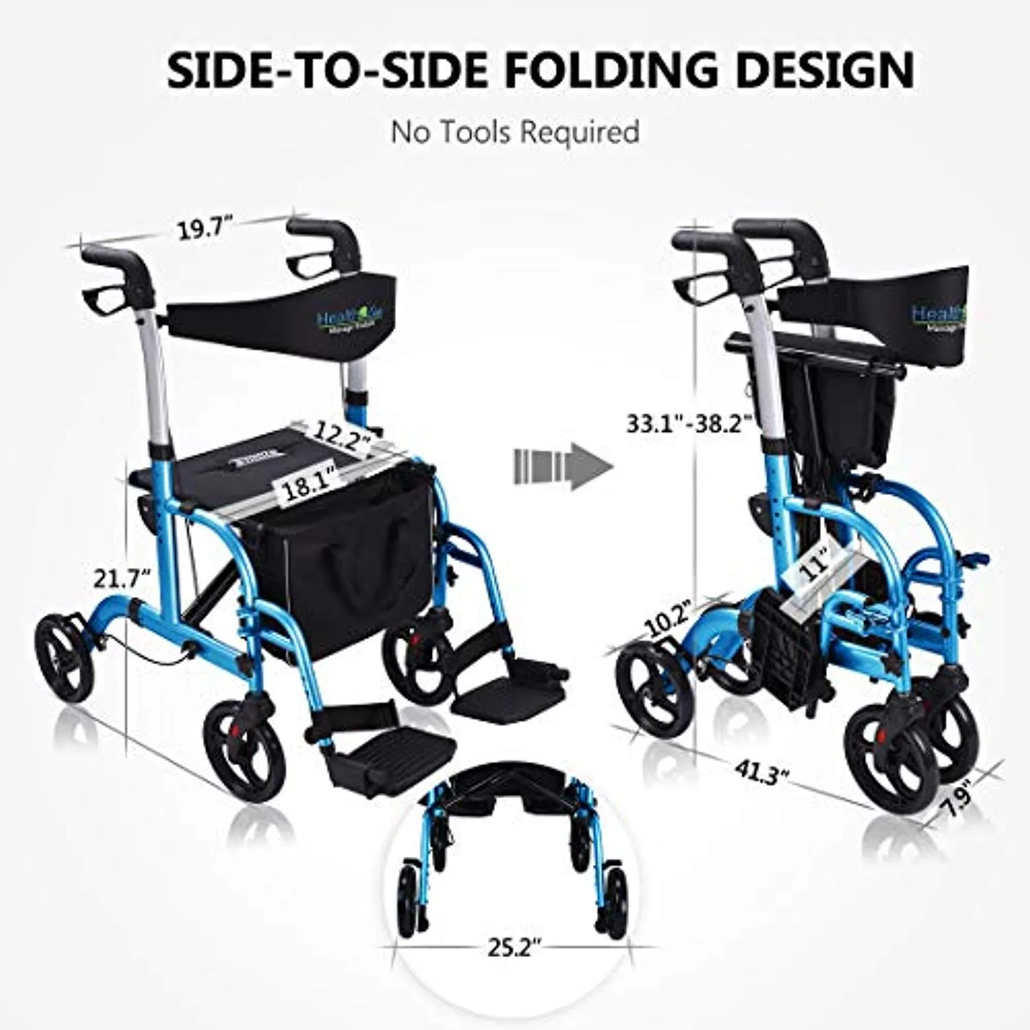 2 in 1 Rollator-Transport Chair w/Paded Seatrest, Reversible Backrest and Detachable Footrests