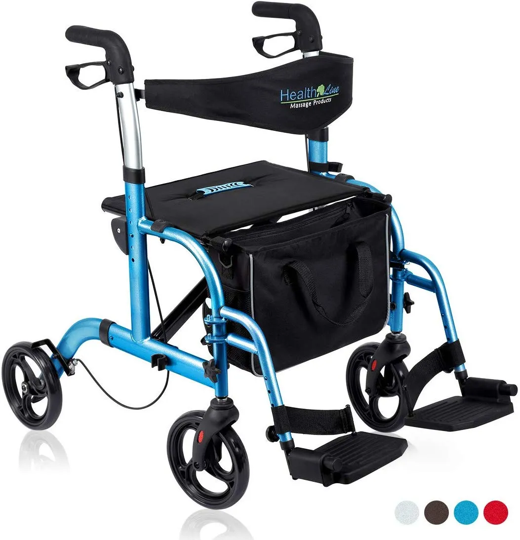 2 in 1 Rollator-Transport Chair w/Paded Seatrest, Reversible Backrest and Detachable Footrests