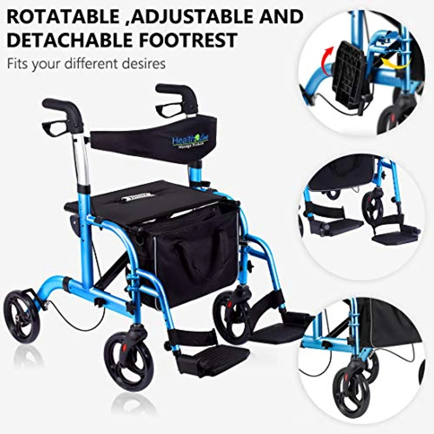 2 in 1 Rollator-Transport Chair w/Paded Seatrest, Reversible Backrest and Detachable Footrests