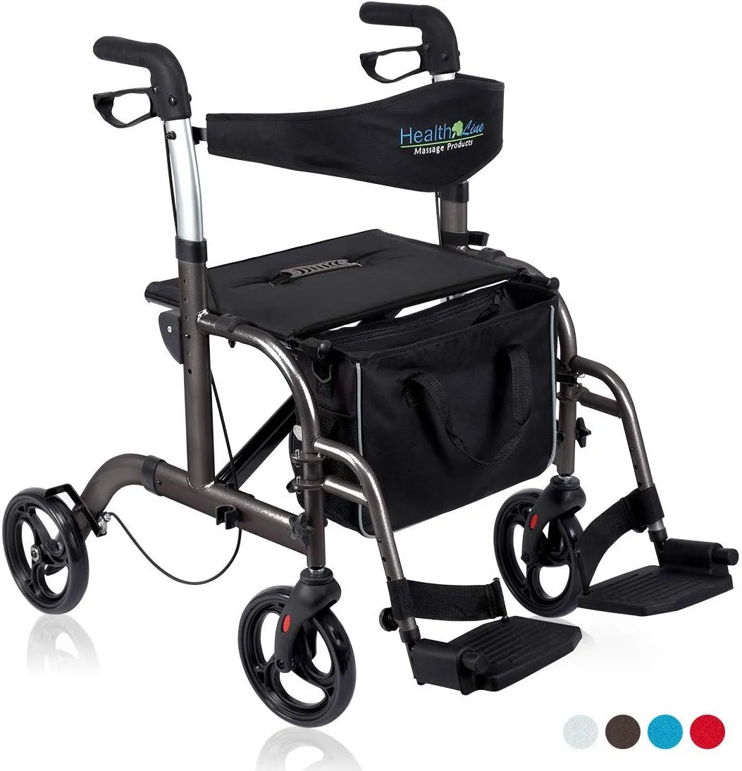 2 in 1 Rollator-Transport Chair w/Paded Seatrest, Reversible Backrest and Detachable Footrests