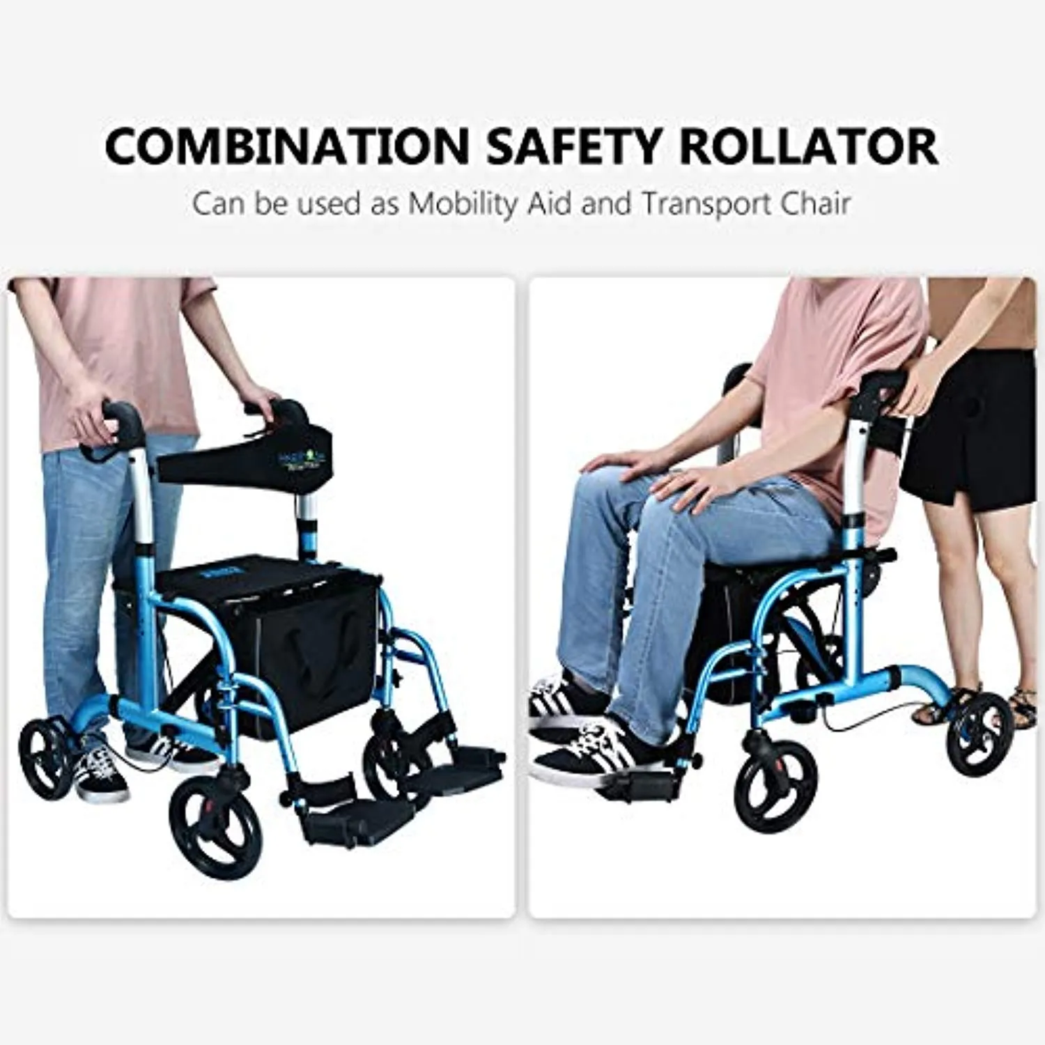 2 in 1 Rollator-Transport Chair w/Paded Seatrest, Reversible Backrest and Detachable Footrests