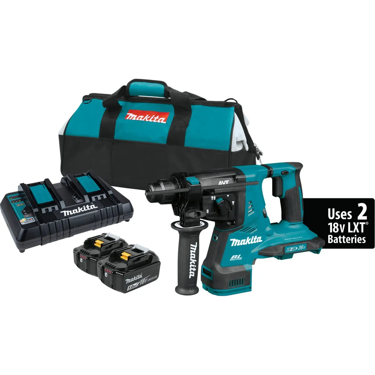 36V (18V X2) LXT® Brushless 1‑1/8" AVT® Rotary Hammer, accepts SDS‑PLUS bits (5.0Ah)