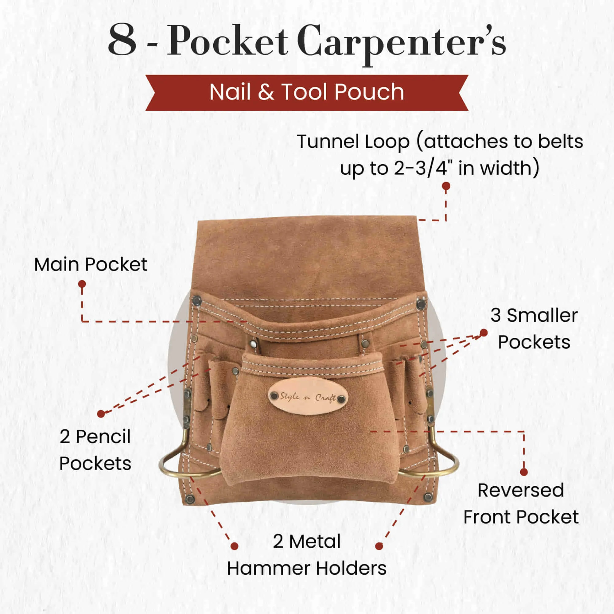 88823 - 8 Pocket Carpenter's Nail and Tool Pouch in Dark Tan Suede Leather | Style n Craft