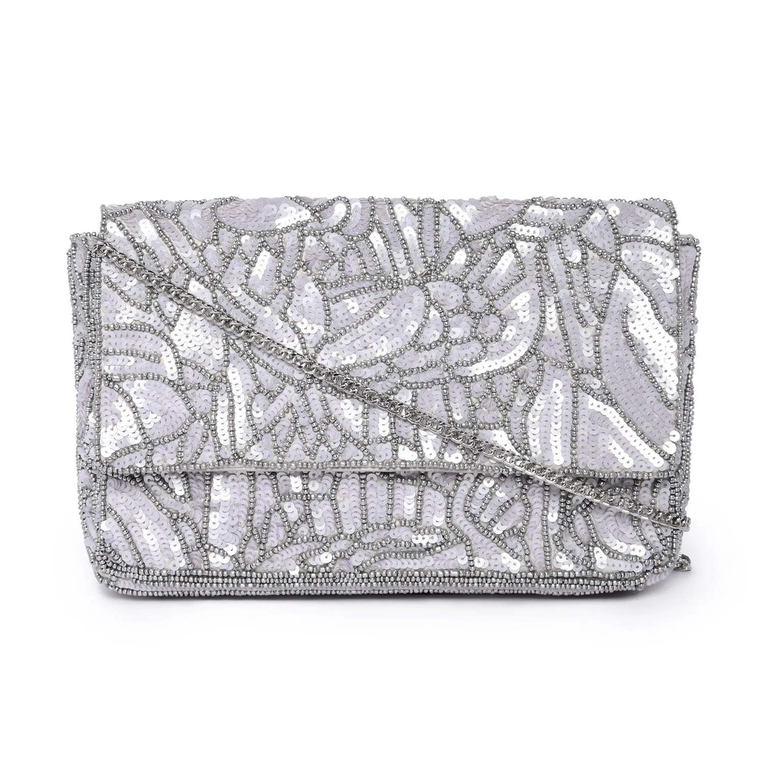 Accessorize London Women's Hand Beaded Sequin Floral Silver Party Clutch