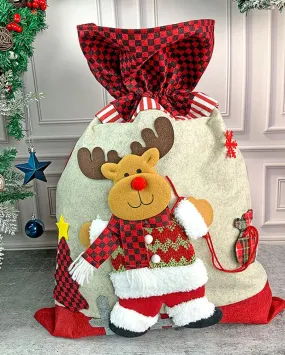 Adorable Deer Checks Felt Christmas Sack And Gift Bag | 13 x 21 inches