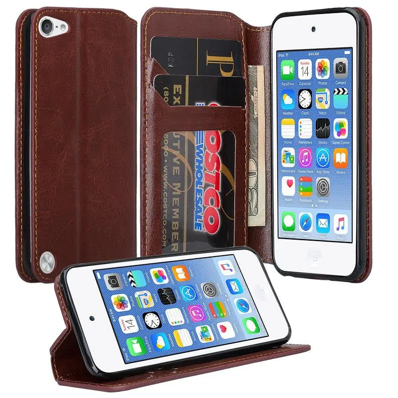 Apple iPod Touch 5 / Ipod Touch 6 Wallet Case, Slim Strap Flip Folio [Kickstand] Pu Leather Wallet Case with ID & Credit Card Slots - Brown