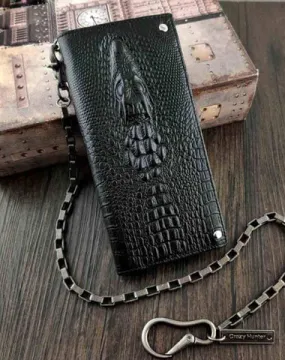 Badass Black Leather Men's Crocodile Pattern Long Biker Chain Wallet Long Wallet Chain For Men