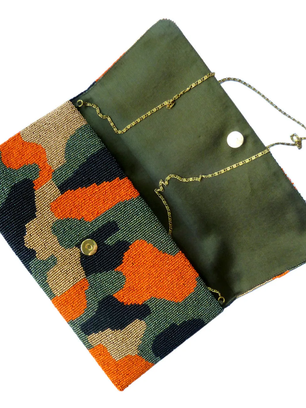 Beaded Large Envelope Clutch Bag Camouflage Turquoise