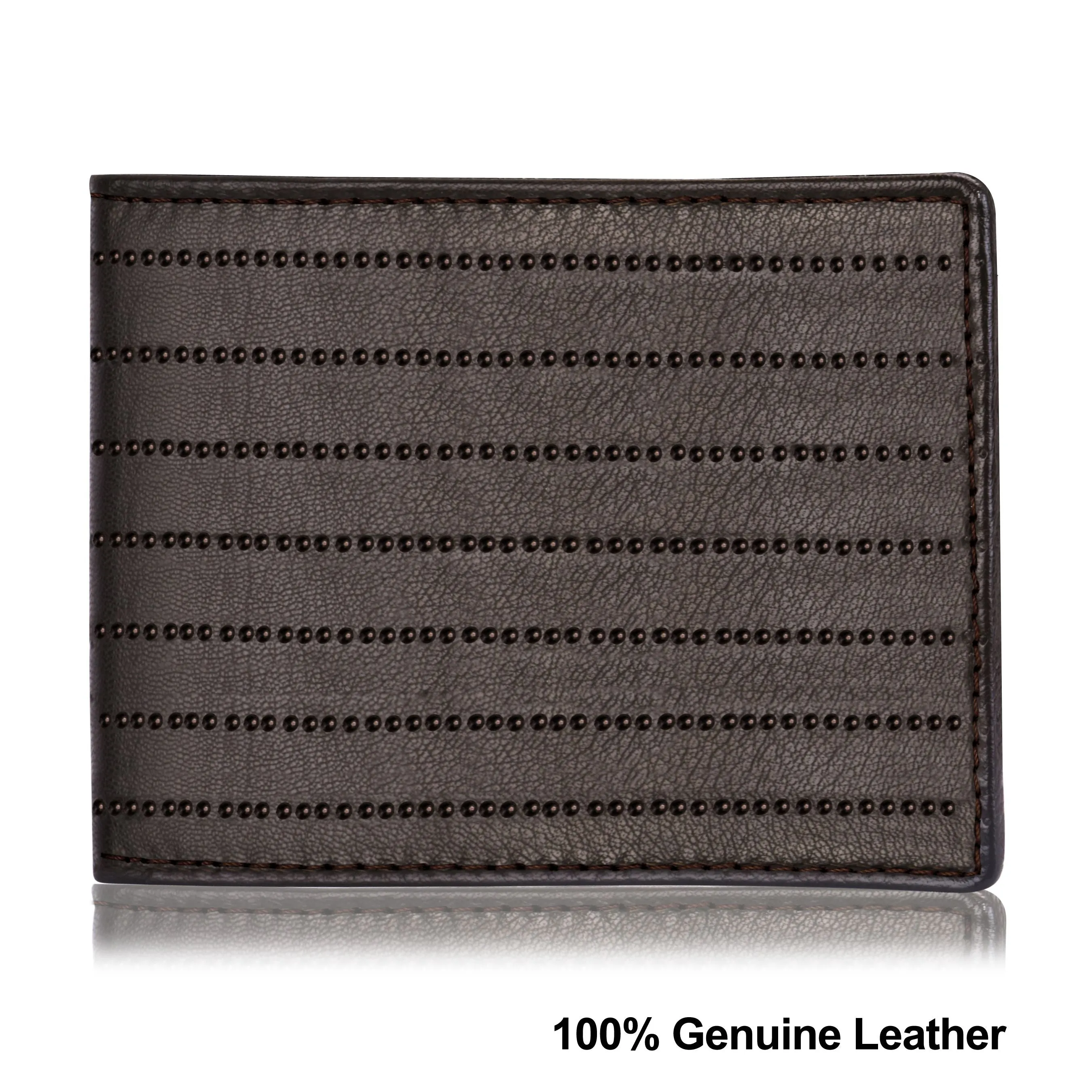 Bi-Fold Embossed Dotted Lines Premium Dark Brown RFID Blocking Leather Wallet for Men with Zipper Coin Pocket Feature