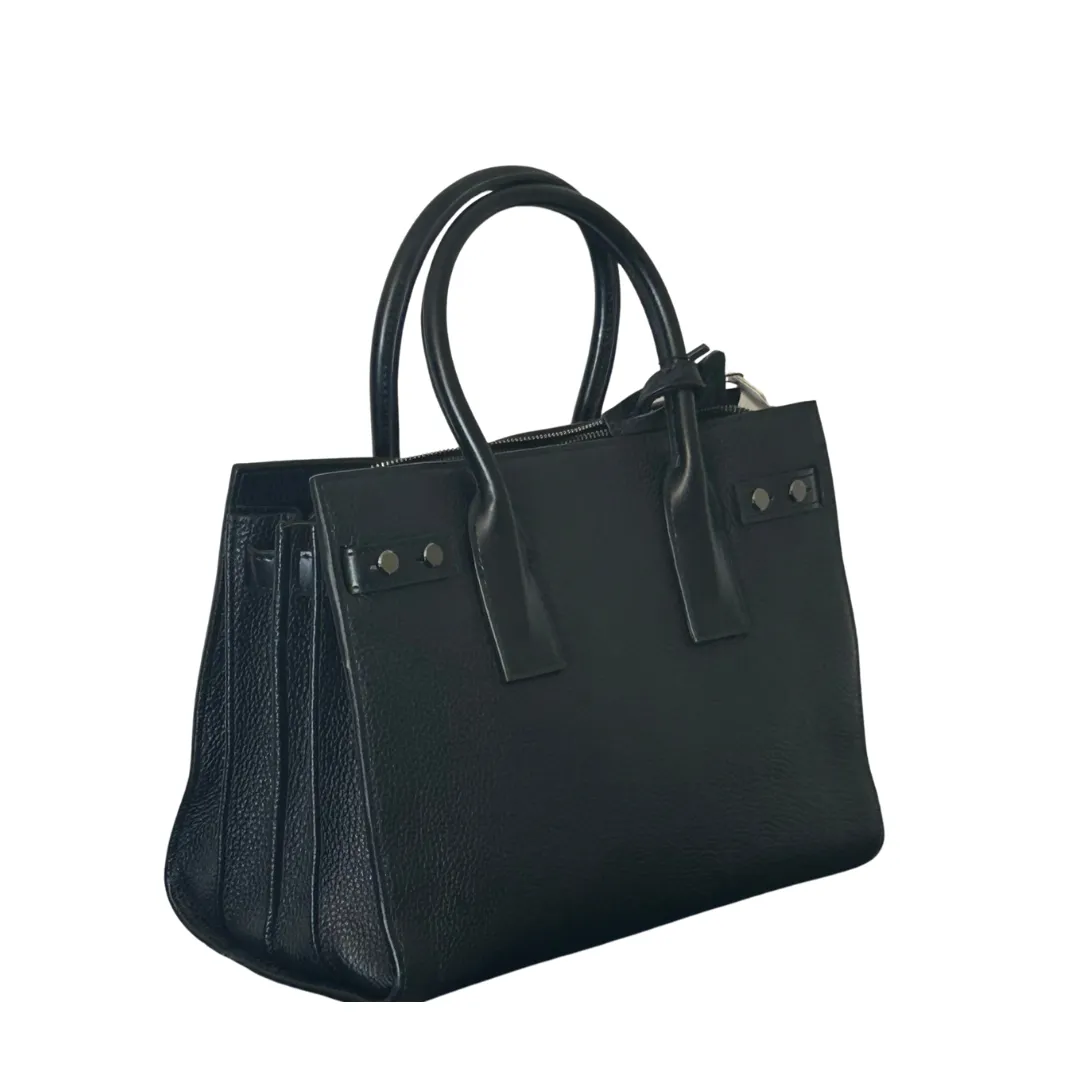 Black Large Leather Tote Bag with Stitch Detail