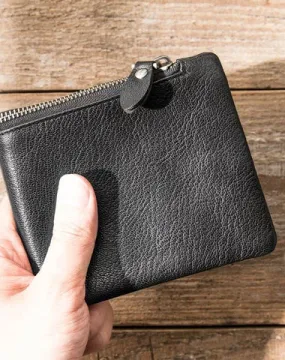 Black Leather Mens Small Wallet Front Pocket Wallet Black Bifold Slim billfold Wallet for Men