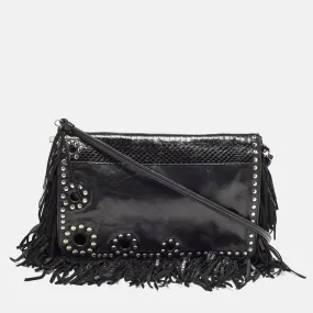 Black Snakeskin and Leather Studded Fringe Shoulder Bag