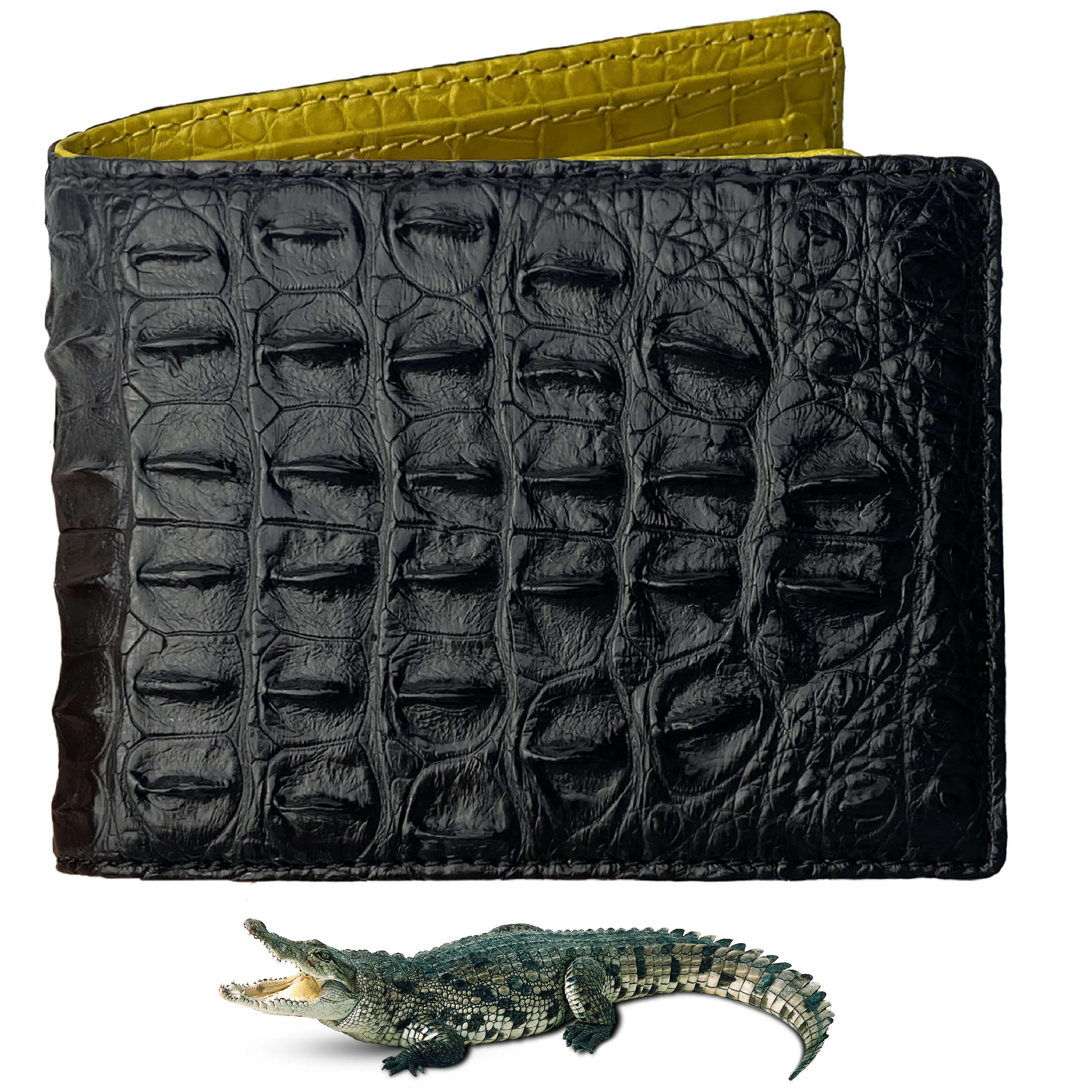 Black Yellow Double Side Alligator Leather Hornback Bifold Wallet For Men | Handmade Crocodile Hornback Leather Wallet RFID Blocking | VILE-319