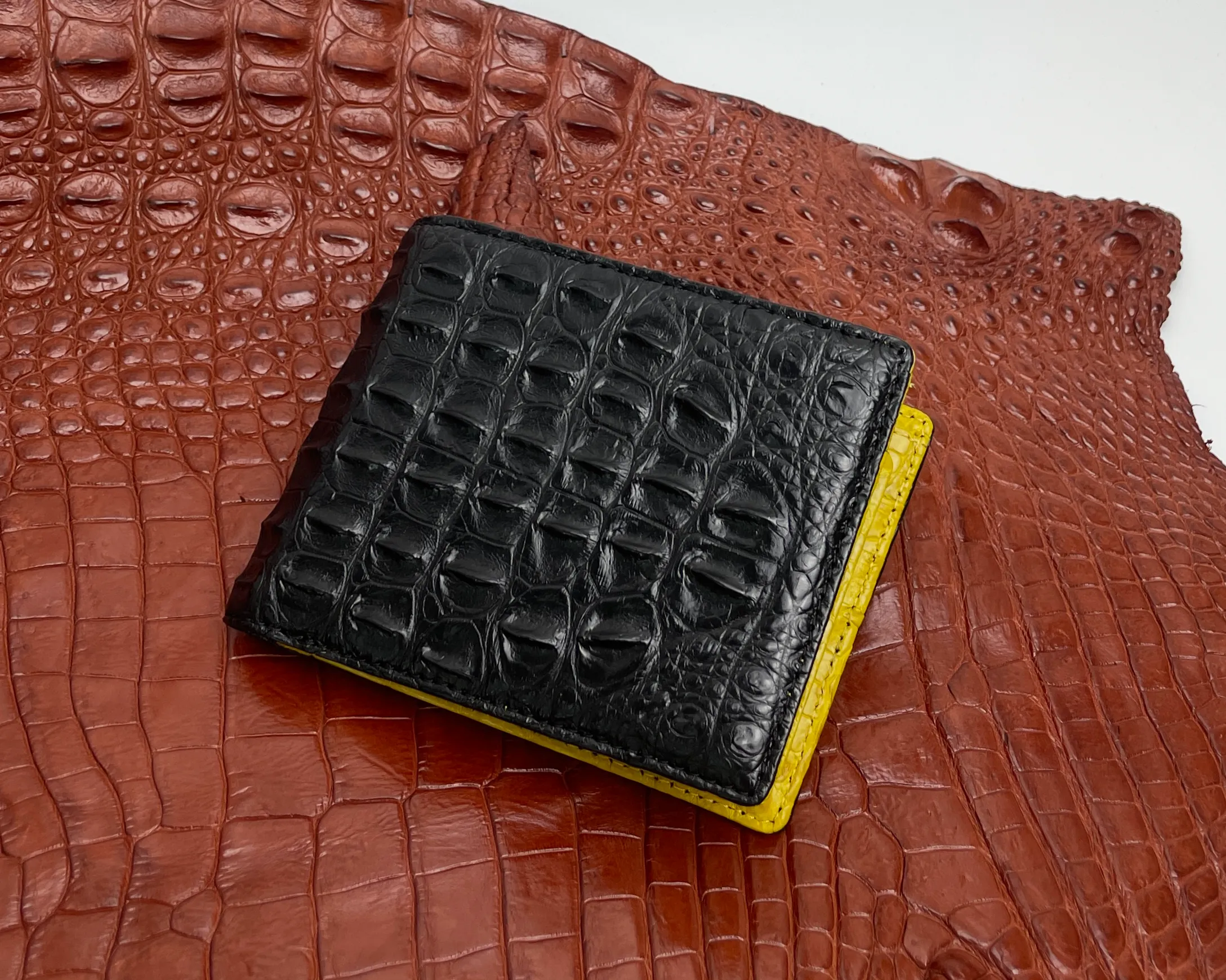 Black Yellow Double Side Alligator Leather Hornback Bifold Wallet For Men | Handmade Crocodile Hornback Leather Wallet RFID Blocking | VILE-319