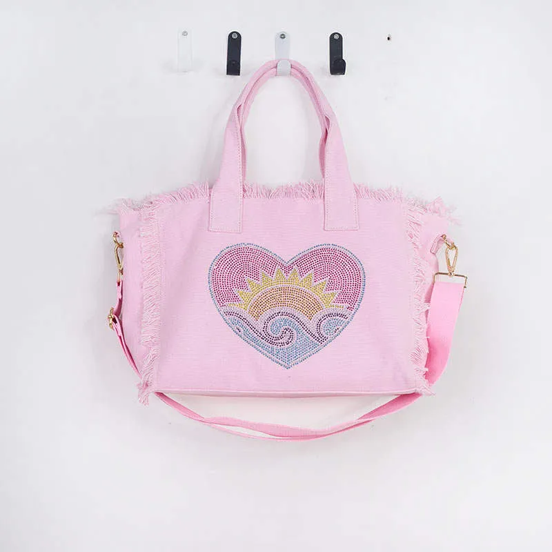 Bling Heart Sun Wave Small Fringe Canvas Tote With Solid Strap - Pink