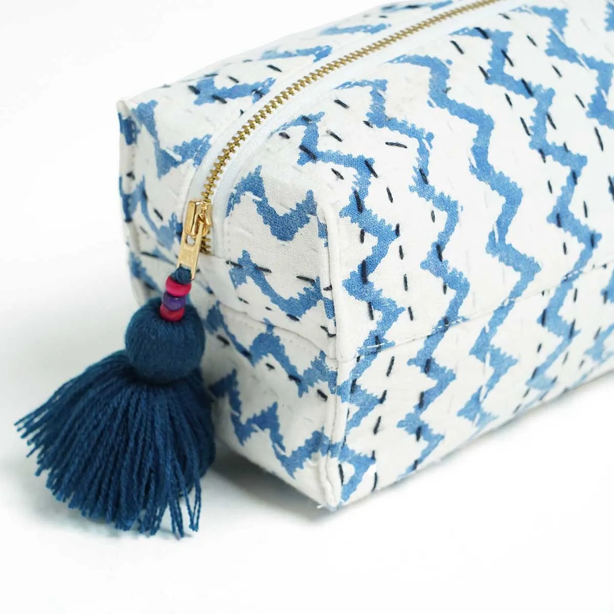 Blue Chevron print utility kantha pouch, make up /cosmetic / toiletry bag