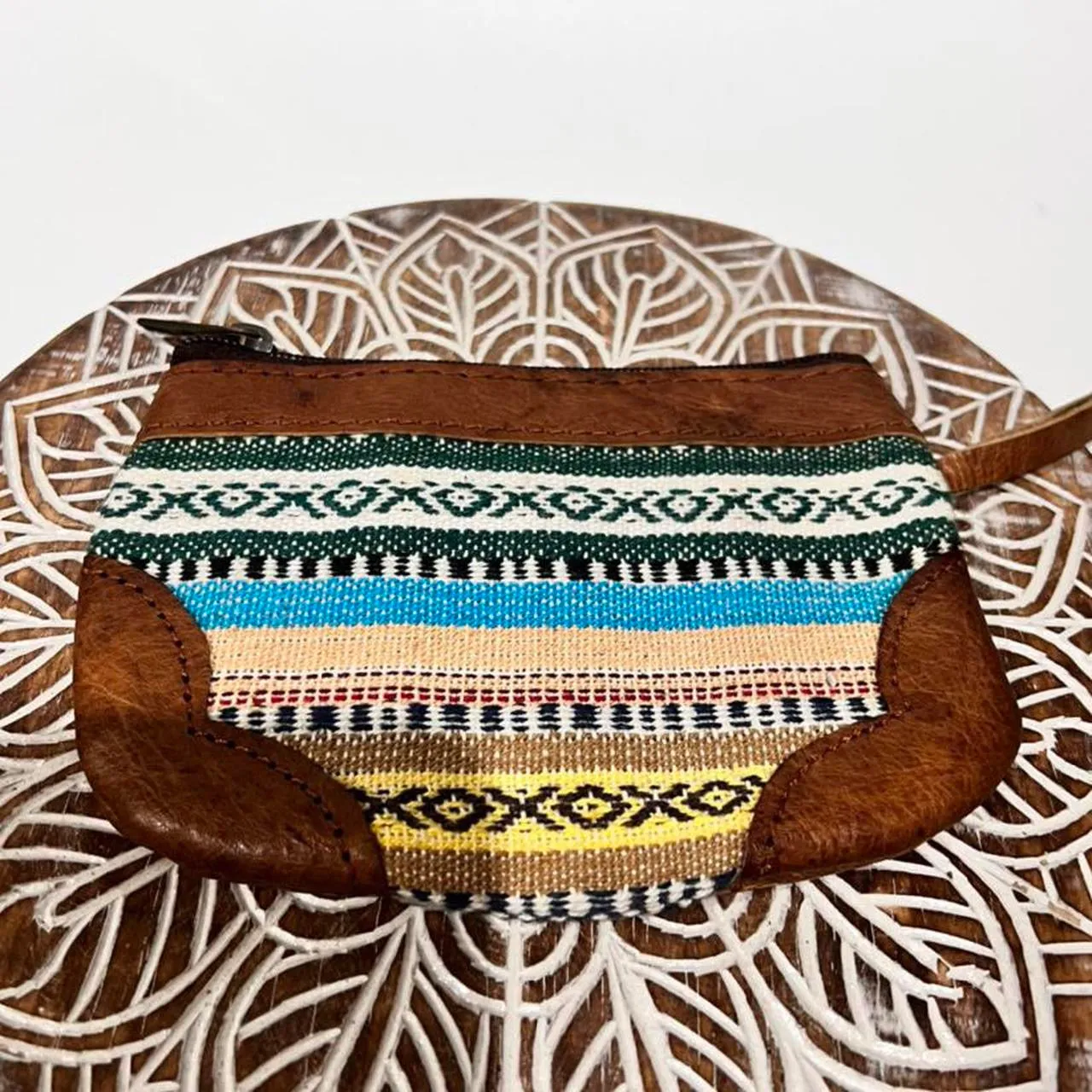 Boho Handmade Leather and Fabric  Purse Coin Purse Make-up Bag