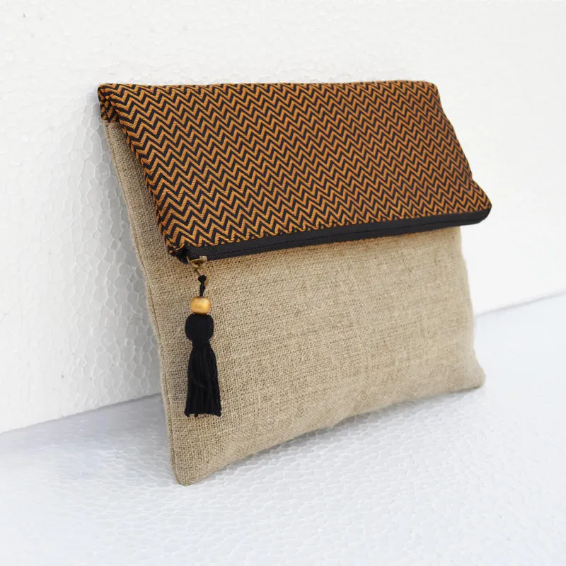 Boho linen pouch, brocade bag, black and gold, chevron pattern