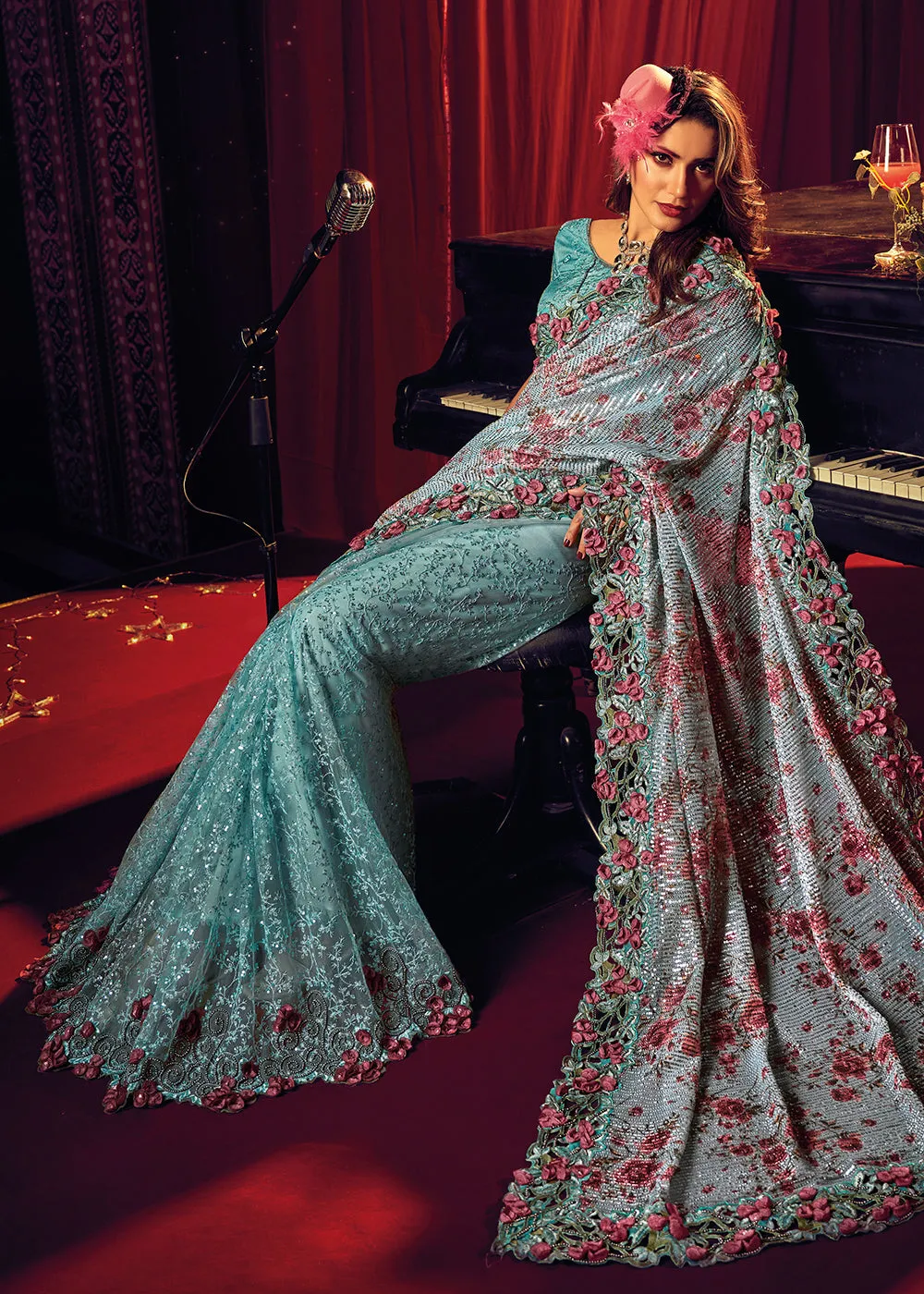 Bridal Party Luminous Sea Green Premium Net Designer Saree