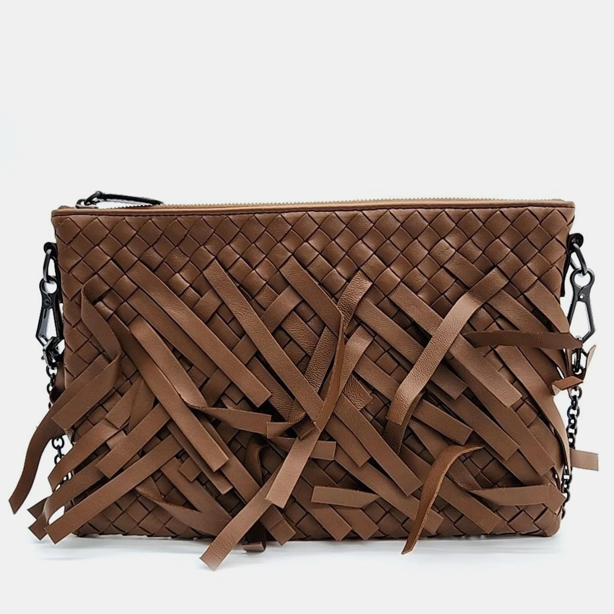 Brown Intrecciato Fringe Leather Crossbody Bag