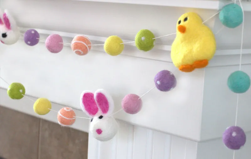 Bunny & Chick Easter Felt Ball Garland- Bright Rainbow