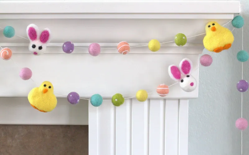 Bunny & Chick Easter Felt Ball Garland- Bright Rainbow