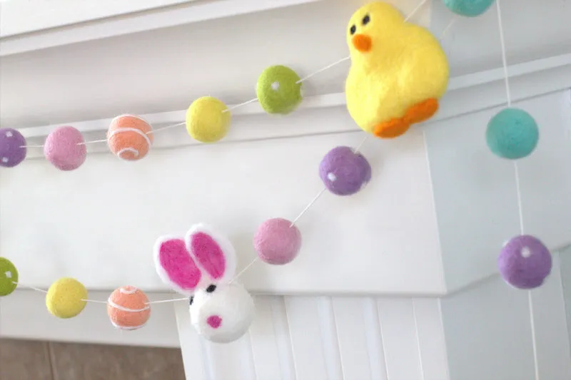 Bunny & Chick Easter Felt Ball Garland- Bright Rainbow