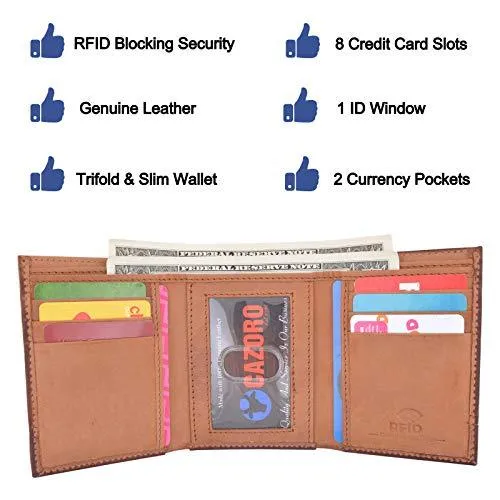 Cazoro Genuine Leather Mens RFID Blocking Slim Trifold Wallet 8 Cards 1 ID Window 2 Bill Pockets RFID611305