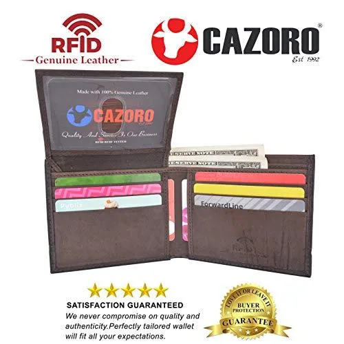 Cazoro Men's Genuine Leather RFID Blocking Bifold Extra Capacity Top Flip ID Wallet Brown RFID611301