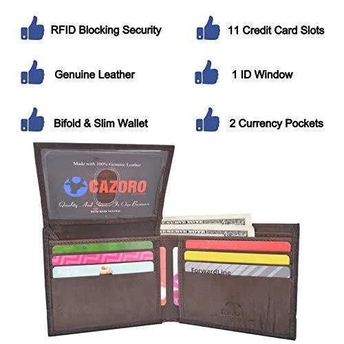 Cazoro Men's Genuine Leather RFID Blocking Bifold Extra Capacity Top Flip ID Wallet Brown RFID611301