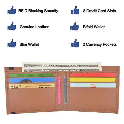 Cazoro Men’s Slimfold RFID Safe Slim Bifold Wallet Smooth Leather Front Pocket Tan RFID611290