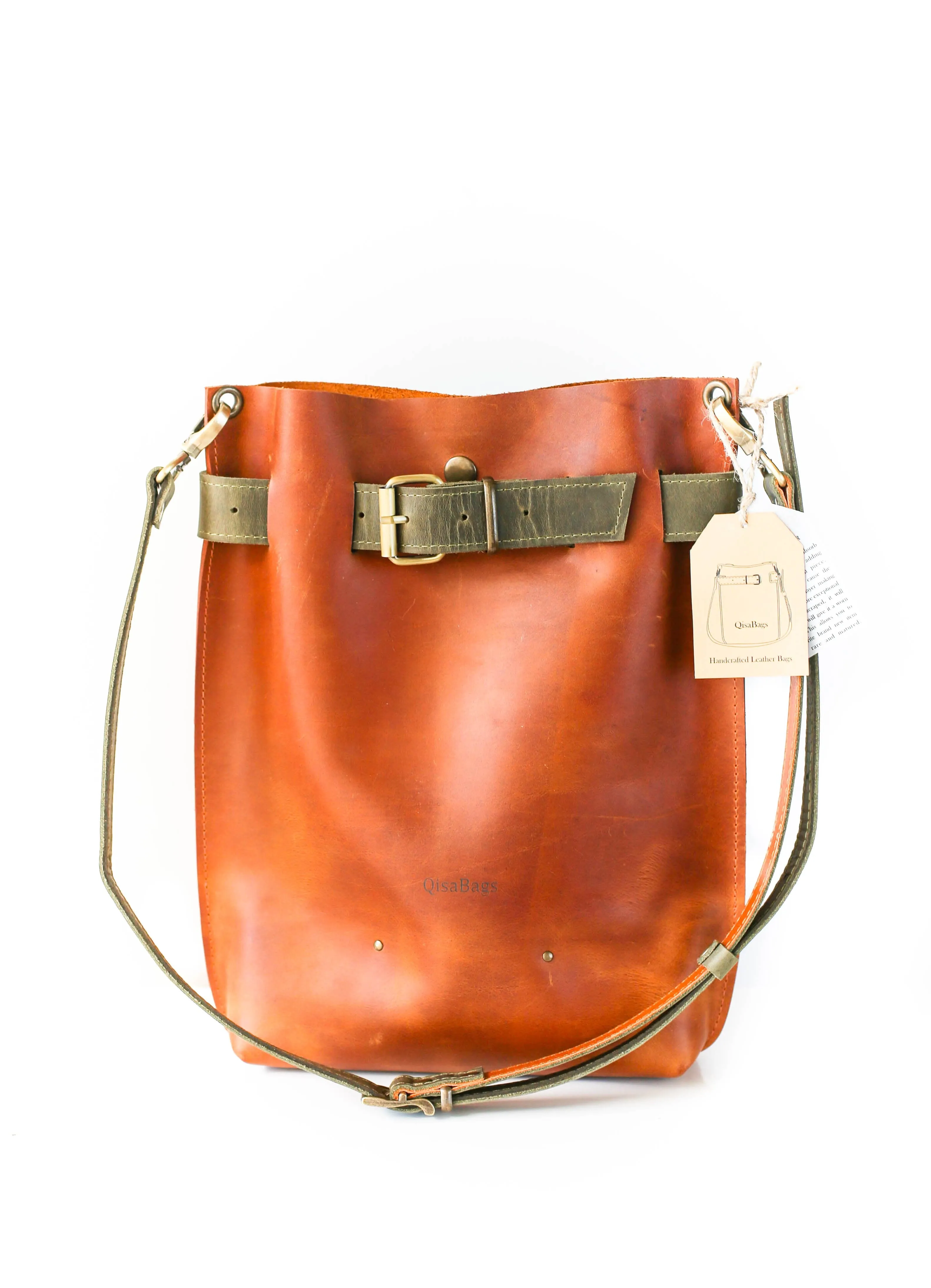 Cognac Brown Leather Bag w/Green