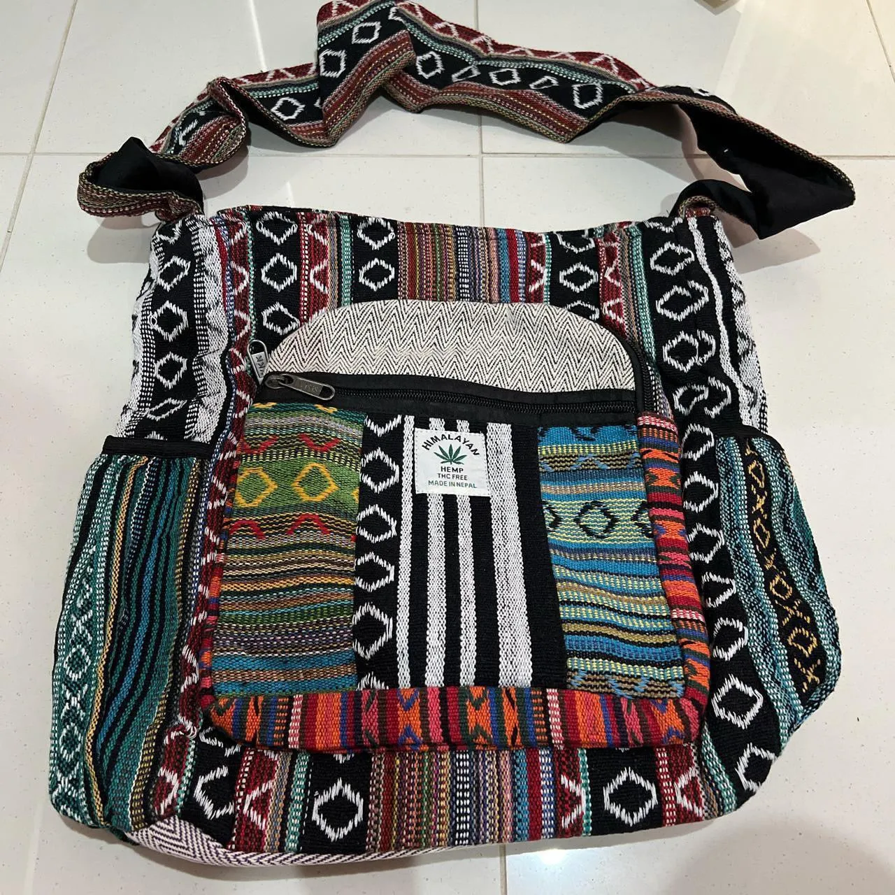 Colourful Himalayan Hemp THC Free cotton lined bag with front pocket and two side pockets