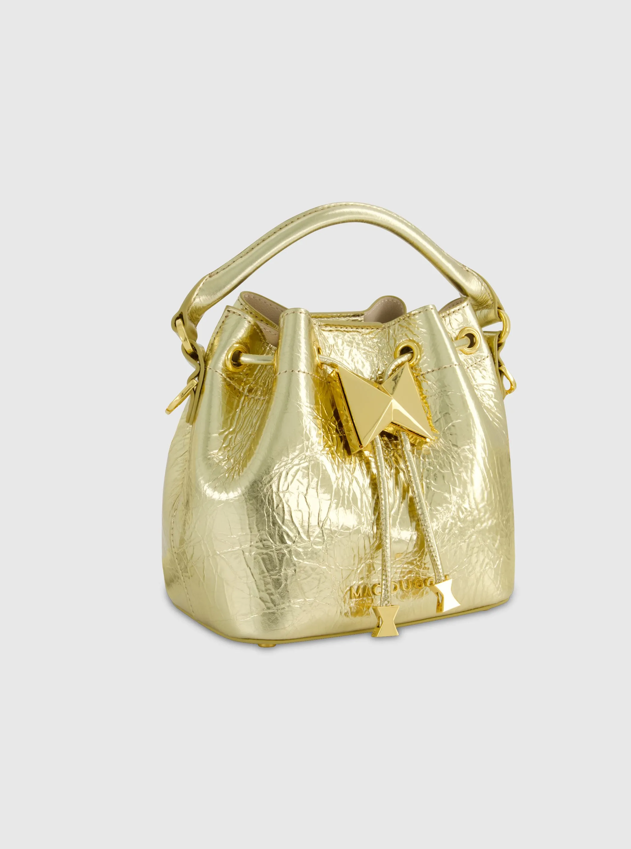 Crinkle Metallic Gold Leather Mini Bucket Bag with Detachable Strap