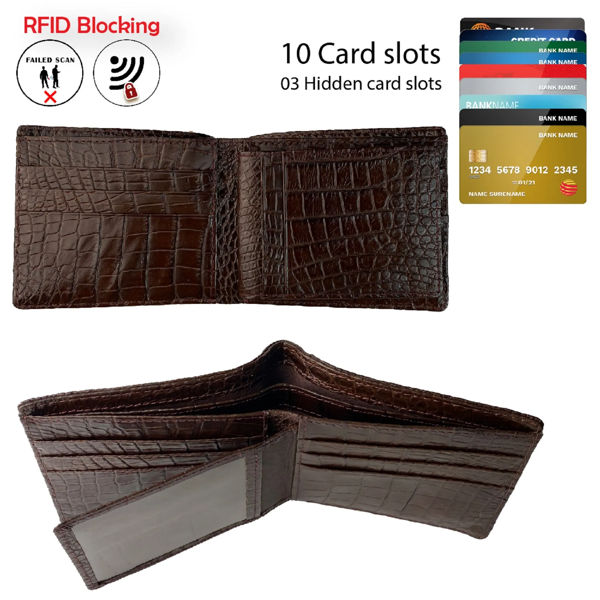 Dark Brown Double Side Alligator Hornback Leather Bifold Wallet For Men RFID Blocking | VINAM-100