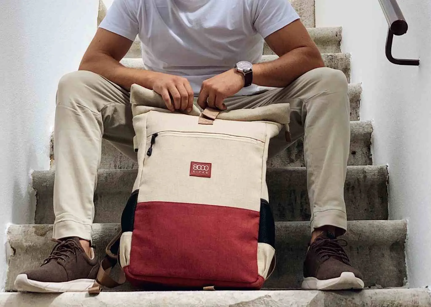 Everyday Vegan Hemp Backpack | Beige & Red