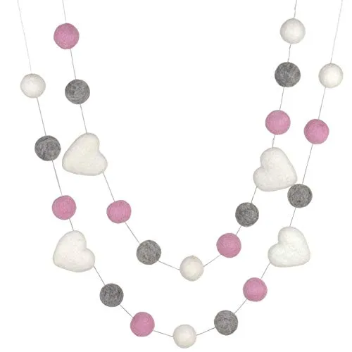 Felt Ball & Heart Garland- Baby Pink, Gray & White