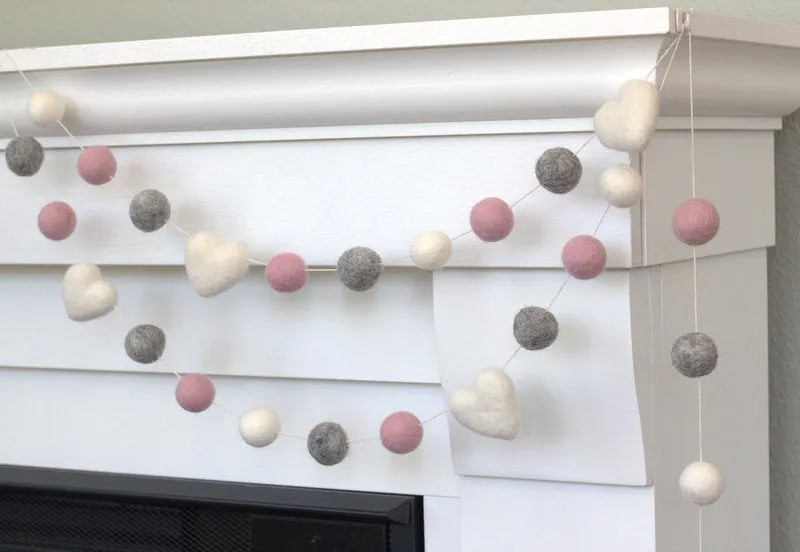 Felt Ball & Heart Garland- Baby Pink, Gray & White