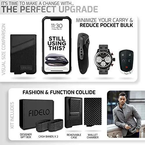 Fidelo Mens Rfid Minimalist Wallet Slim Fiber Money Clip Black Leather Case