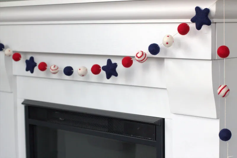 Fourth of July Felt Ball & Star Garland- Navy, Red- Swirls & Dots