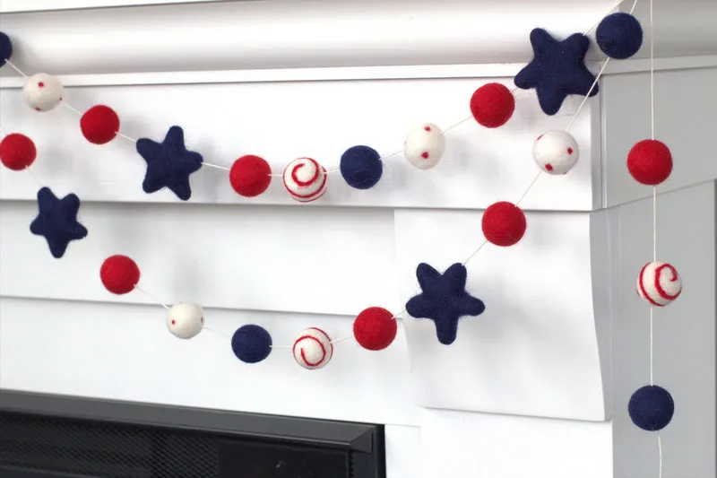 Fourth of July Felt Ball & Star Garland- Navy, Red- Swirls & Dots