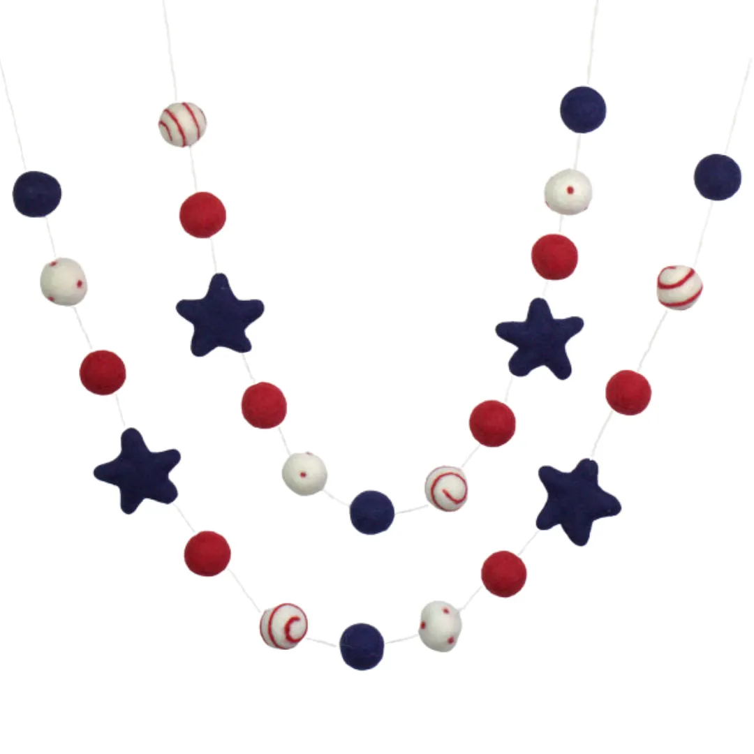 Fourth of July Felt Ball & Star Garland- Navy, Red- Swirls & Dots