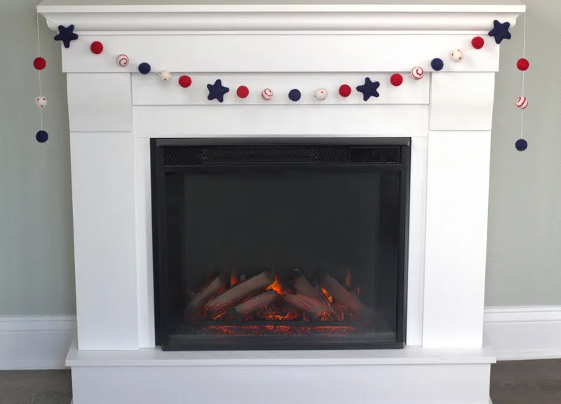 Fourth of July Felt Ball & Star Garland- Navy, Red- Swirls & Dots