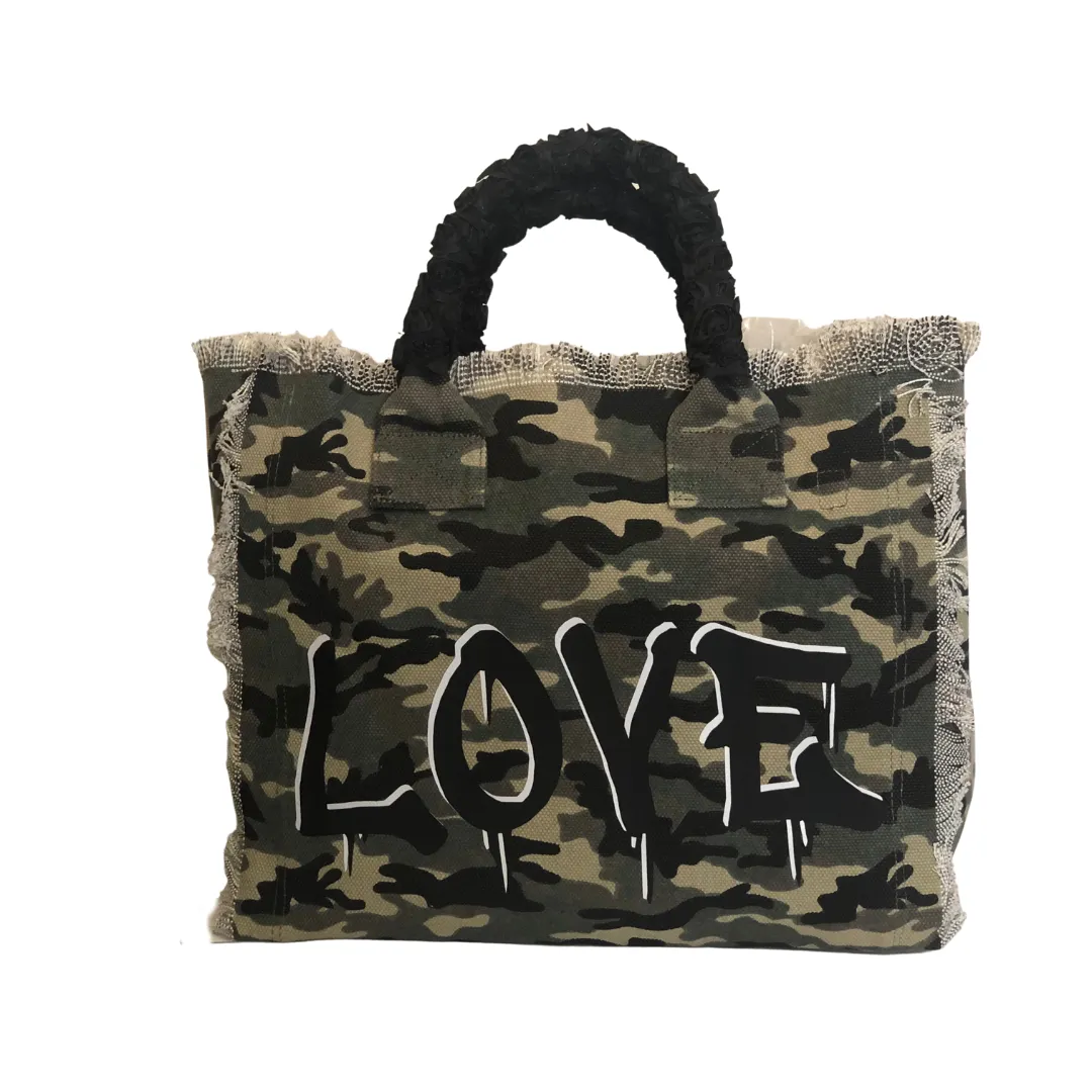 Fringe Camo LOVE Tote - Black Roses