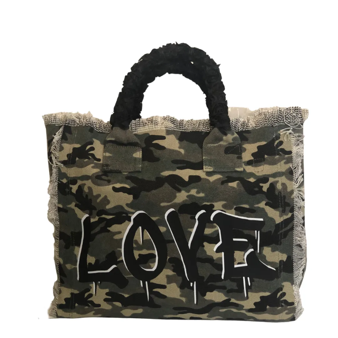 Fringe Camo LOVE Tote - Black Roses