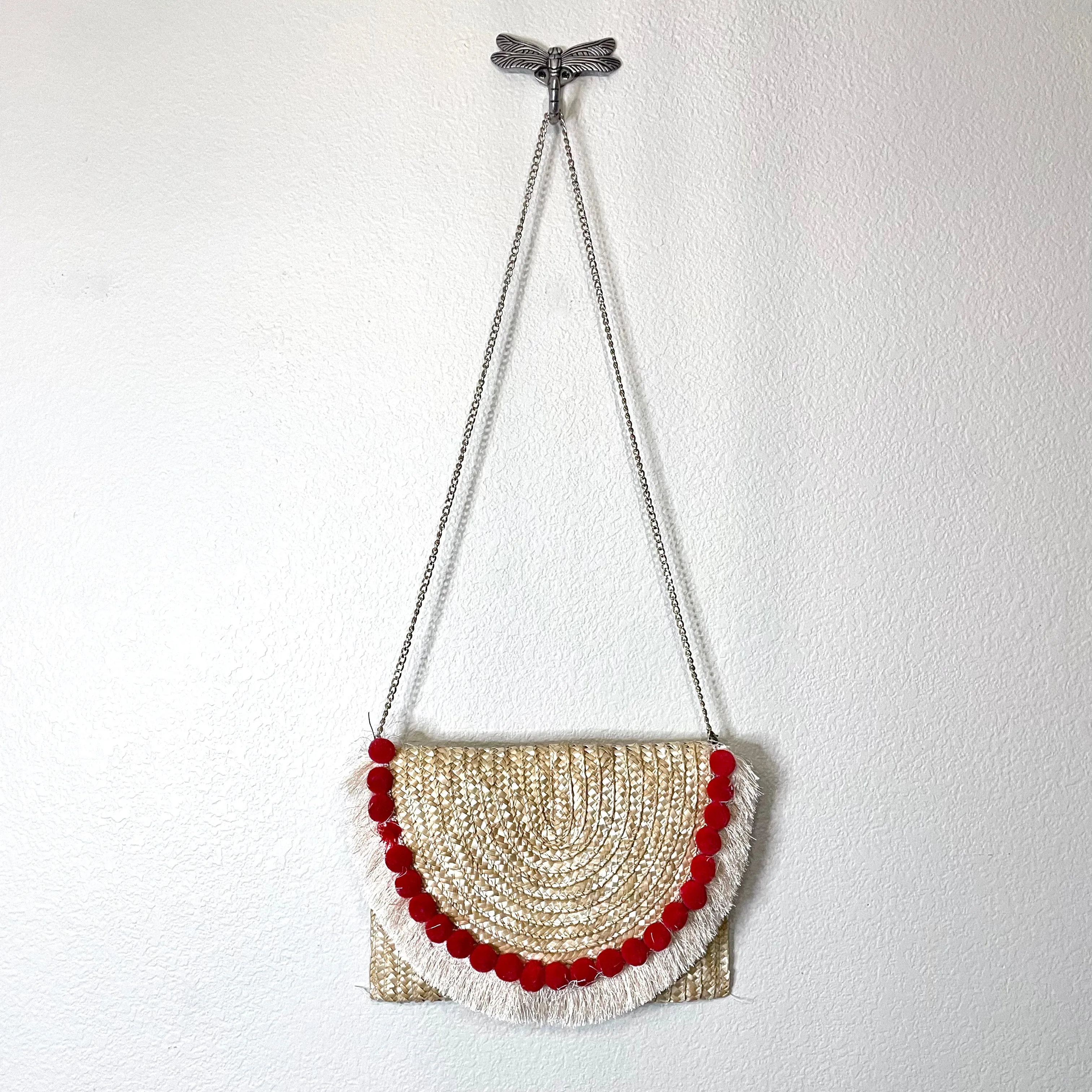 Fringe Pom Pom Straw Purse