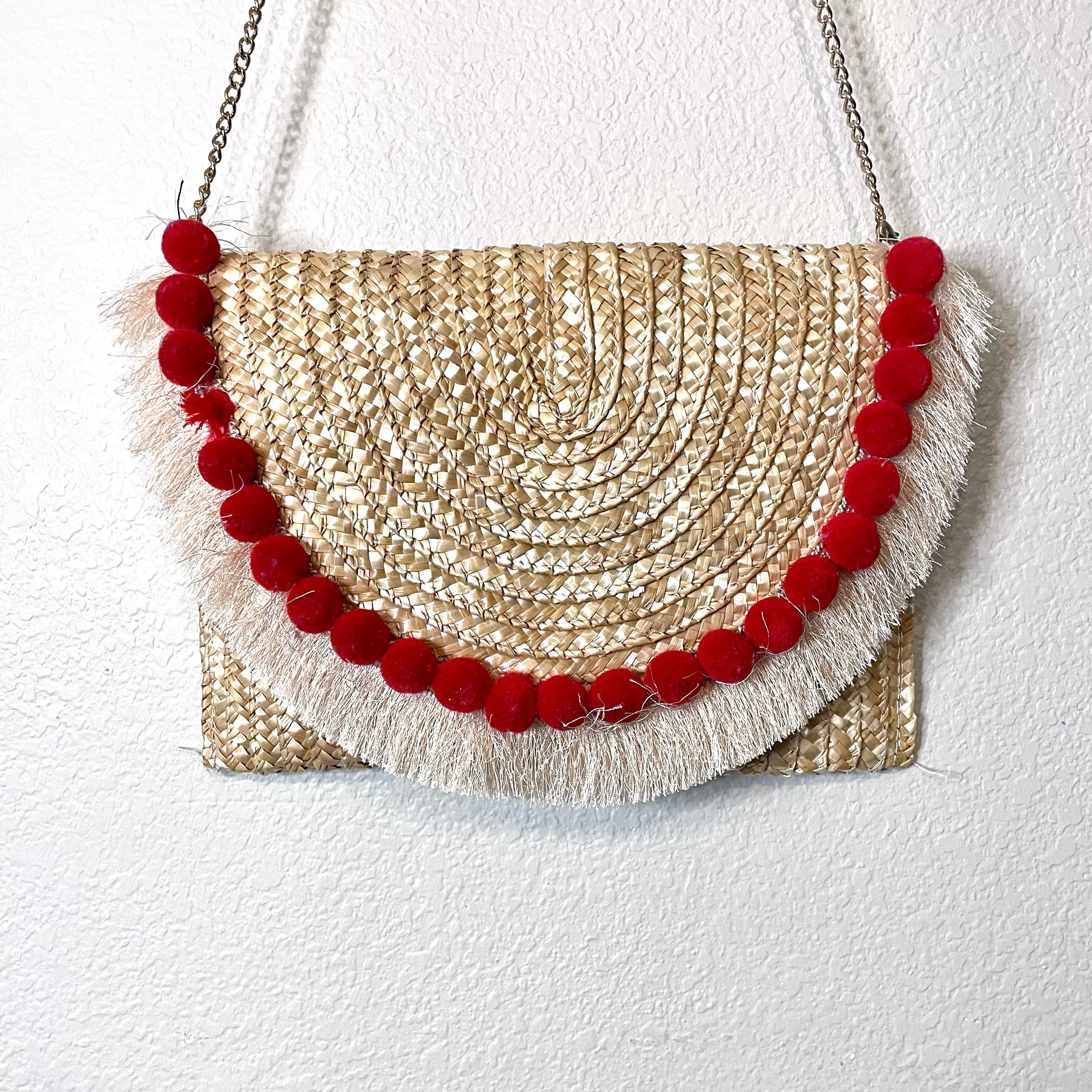 Fringe Pom Pom Straw Purse